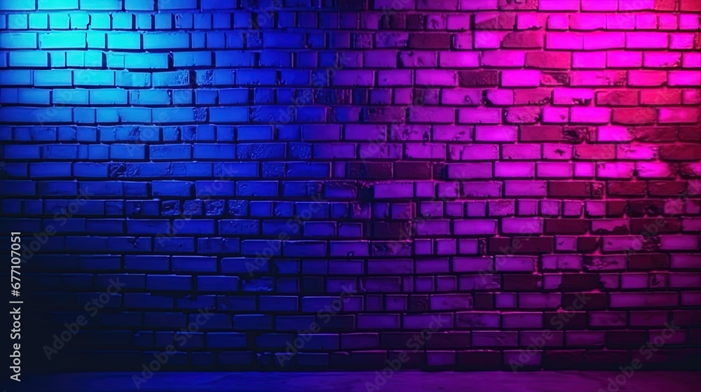 Lighting neon Effect red and blue on brick wall for background party happiness concept , For showing products or placing products. cyberpunk concept 