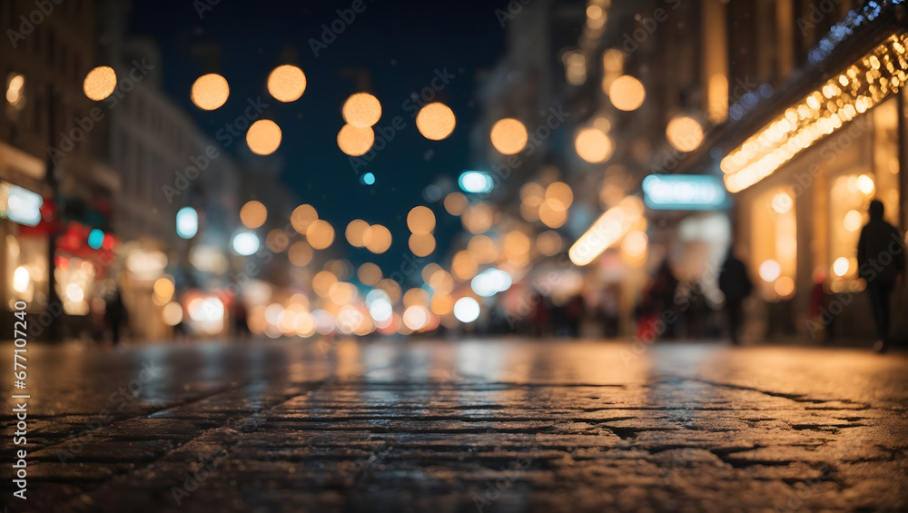 Nighttime cityscape with bokeh Christmas lights and a snowy street, offering a festive and abstract background for the holiday season.