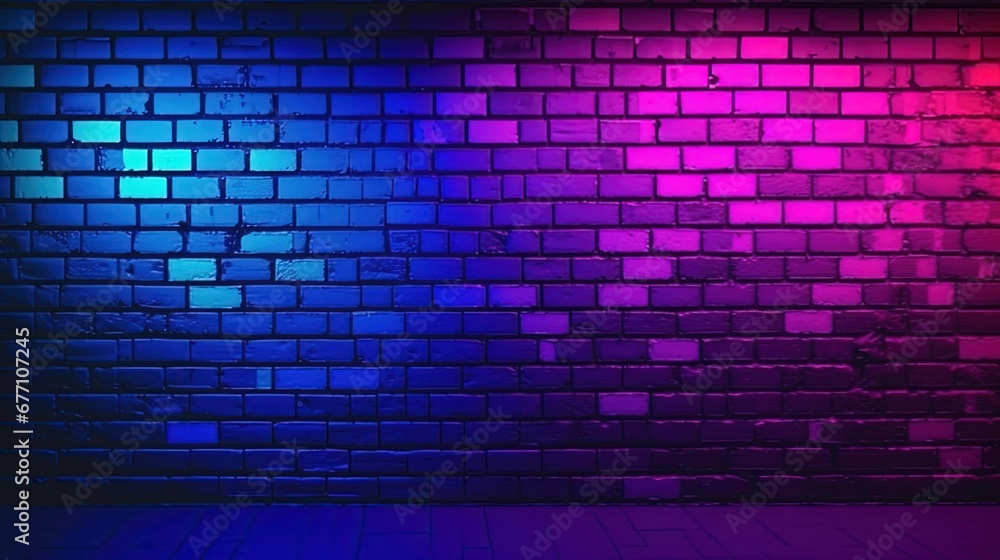 Lighting neon Effect red and blue on brick wall for background party happiness concept , For showing products or placing products. cyberpunk concept Lighting neon Effect red and blue on brick wall for background party happiness concept , For showing products or placing products. cyberpunk concept