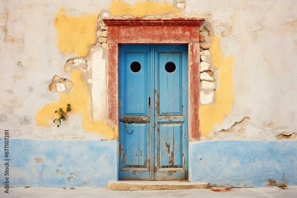 Blue old door, Background in the form of a shabby wall with a door texture peeling paint 