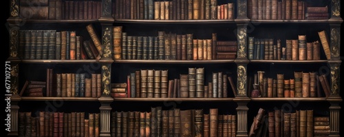 Old books on wooden bookshelves in a library.