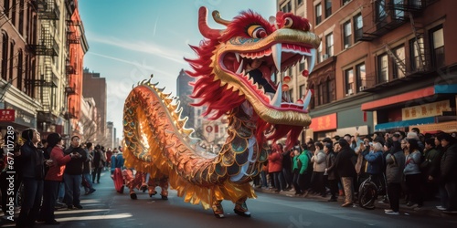A Dragon Dance in Chinatown is a captivating and symbolic performance often seen during various celebrations, particularly during Chinese New Year. photo