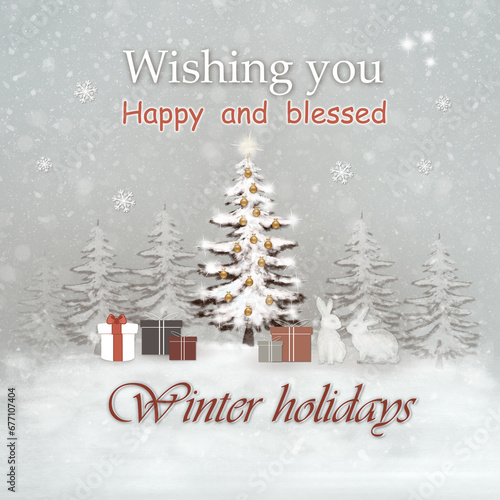 Soft sepia color winter greeting card with snowy background decorated Christmas tree , present boxes and rabbits.