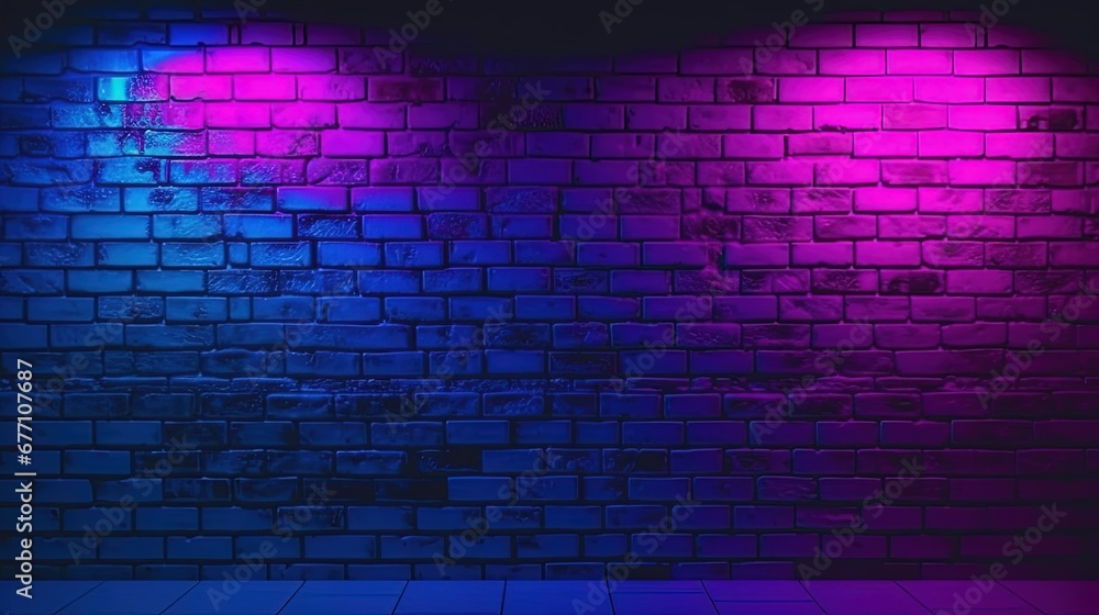 Lighting neon Effect red and blue on brick wall for background party happiness concept , For showing products or placing products. cyberpunk concept Lighting neon Effect red and blue on brick wall for background party happiness concept , For showing products or placing products. cyberpunk concept