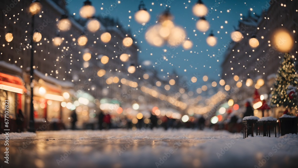 A dreamy cityscape with defocused streetlights, festive decorations, and snowflakes creating a whimsical and atmospheric Christmas background.