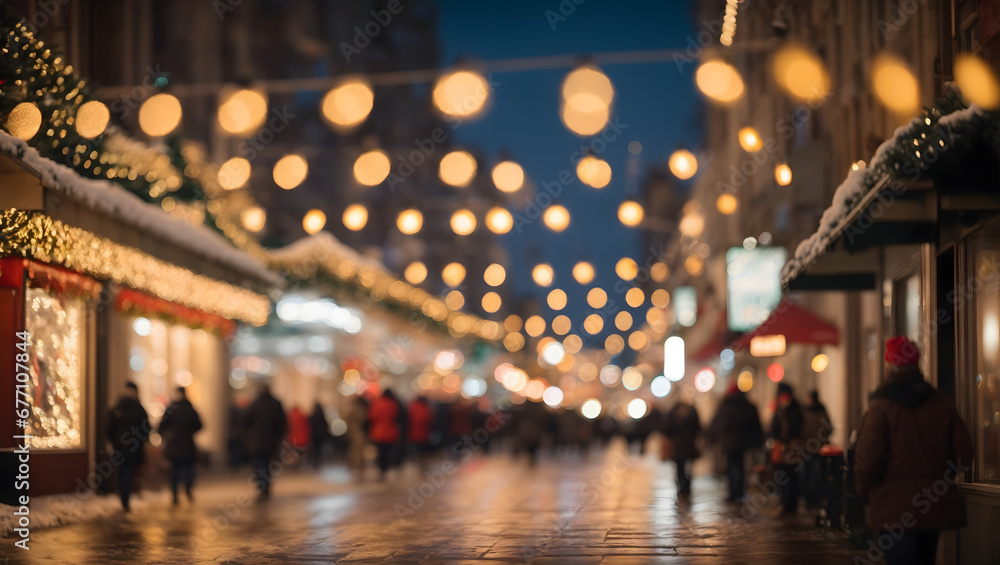 A festive night in the city with bokeh Christmas lights, blurred storefronts, and a snowy ambiance, evoking the warmth and joy of the holiday season.