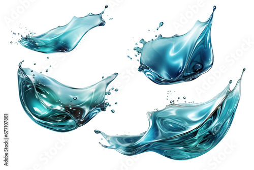 Water splash set on transparent background, blue liquid crown wave swirl drops, shiny clear soda juice splashing fluids droplets, design element fresh drink, beverage, falling, pour bubbles