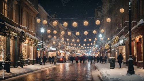 Abstract composition of a bustling winter street at night, adorned with festive Christmas lights and a gentle snowfall, creating a magical atmosphere.