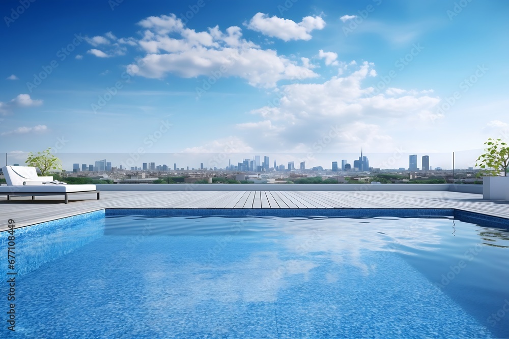 Generative AI : Swimming pool on top of roof deck building.