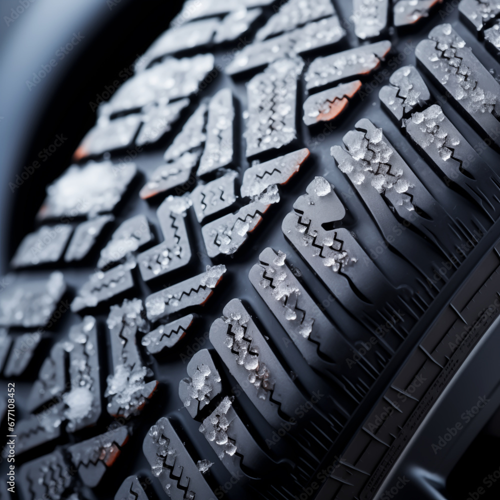 Winter tire, close up showing the tread of the tire or tyre with snow