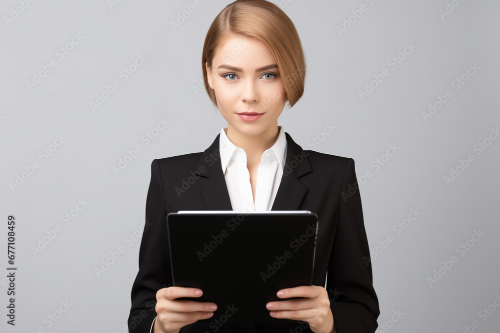 Beautiful girl in a business suit with a tablet in her hands Beautiful girl in a business suit with a tablet in her hands