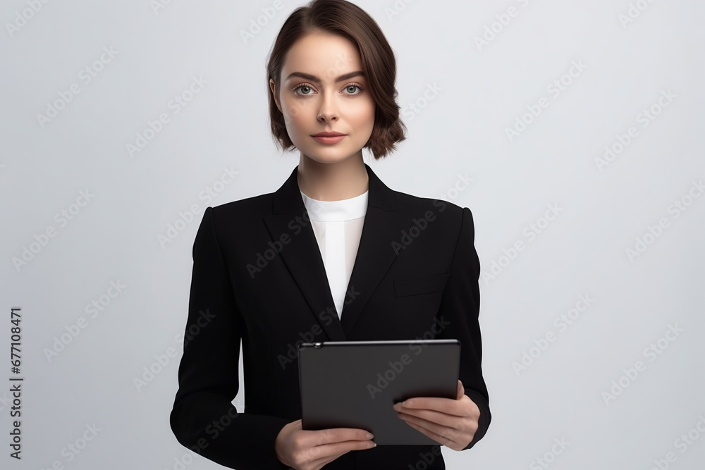 Beautiful girl in a business suit with a tablet in her hands Beautiful girl in a business suit with a tablet in her hands