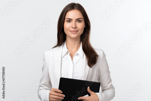 Beautiful girl in a business suit with a tablet in her hands
