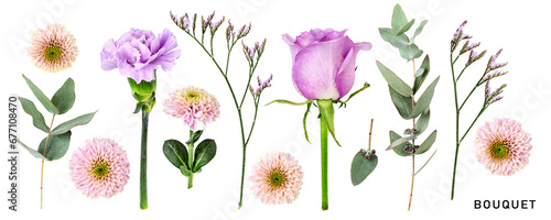Bouquet lilac flowers flowers set. PNG with transparent background. Flat lay. Without shadow. photo