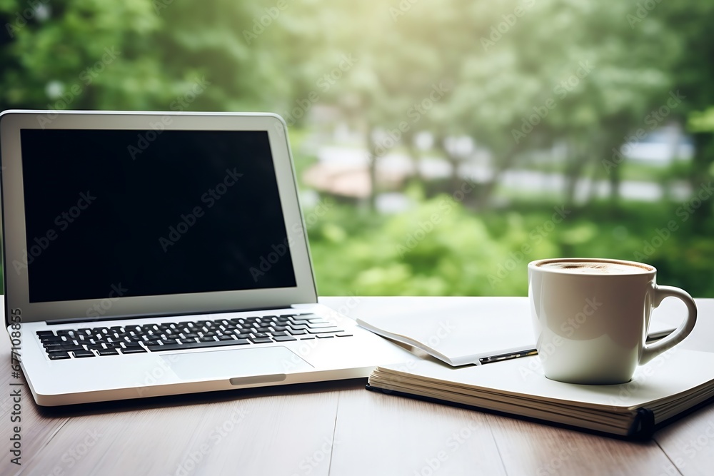 Generative AI : Office desk with laptop, blank notebook and coffee cup Generative AI : Office desk with laptop, blank notebook and coffee cup