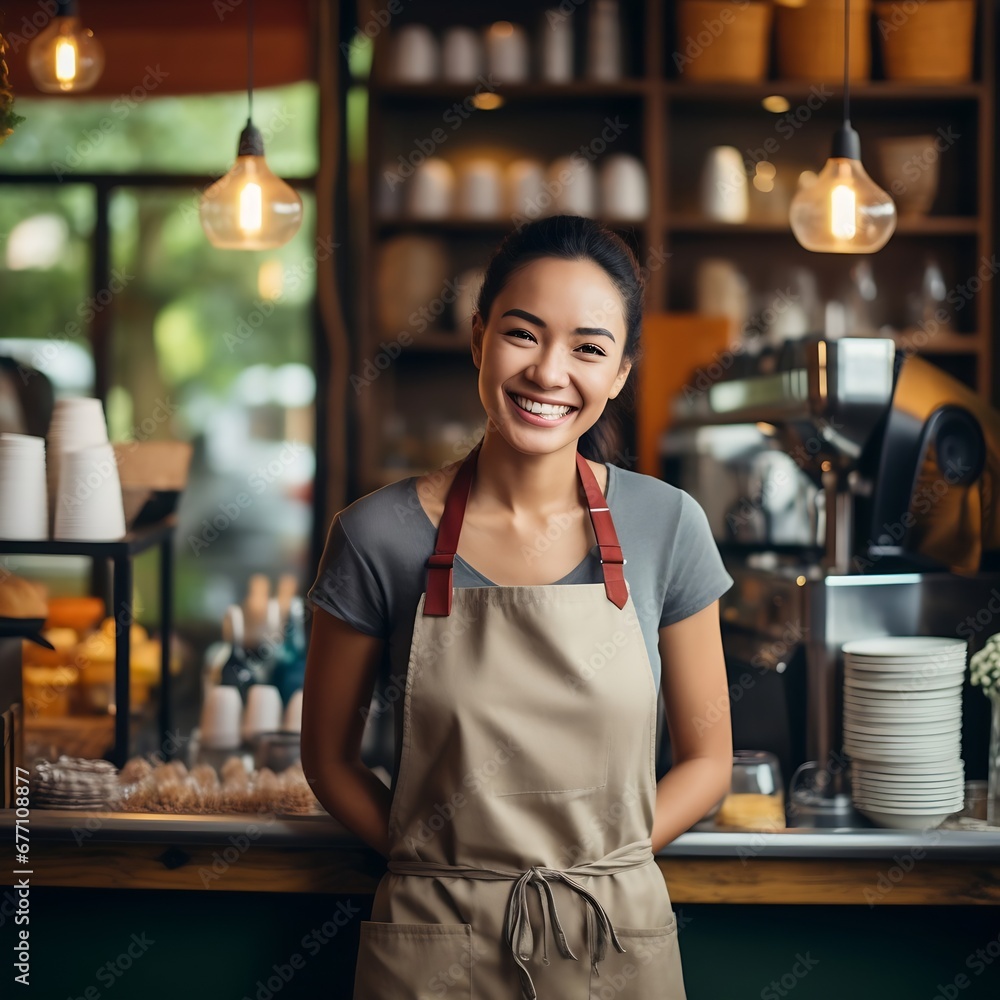 Generative AI : Happy Asian woman in an apron standing near a bar counter coffee shop Generative AI : Happy Asian woman in an apron standing near a bar counter coffee shop