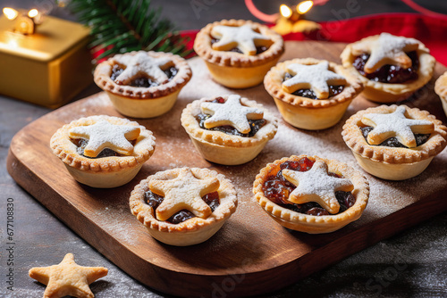 Traditional British Christmas Pastry Home Baked Mince Pies with Apple Raisins Nuts Filling on rustic wood table. Golden Shortcrust Powdered
