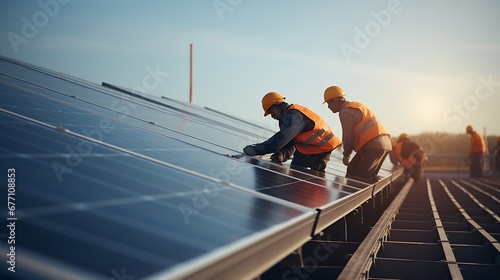 Generative AI : Workers installing solar cell farm power plant eco technology. photo