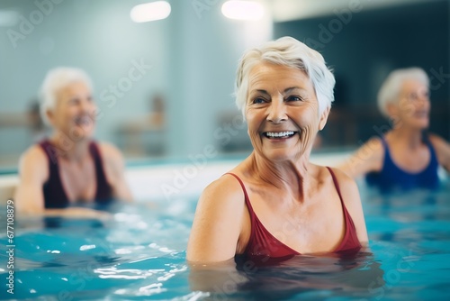 Generative AI : Elderly happy women do aqua aerobics in the indoor pool. © The Little Hut