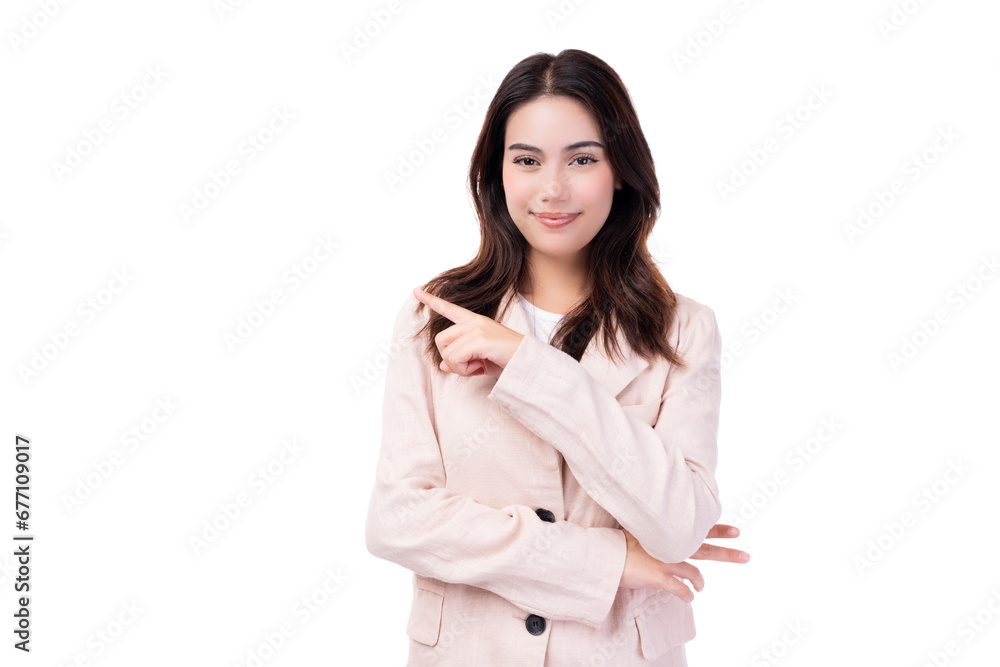 Young Asian business woman pointing up to copy space and looking at camera with smile face and happy Pretty girl act like a satisfied product, use for advertising with isolated on white background Young Asian business woman pointing up to copy space and looking at camera with smile face and happy Pretty girl act like a satisfied product, use for advertising with isolated on white background