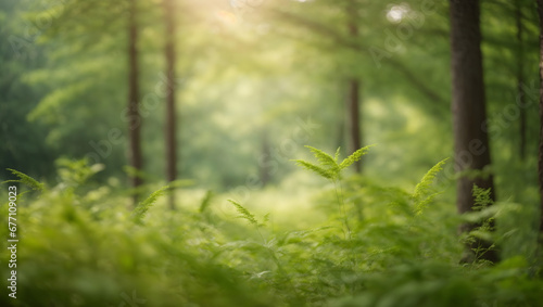 Dreamy forest scene with defocused greenery, wild grass, and soft sunlight, providing a refreshing and tranquil natural background.