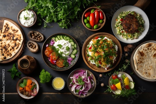 Generative AI : food assorted on dark background, long horizontal banner. Gyros, greek salad
