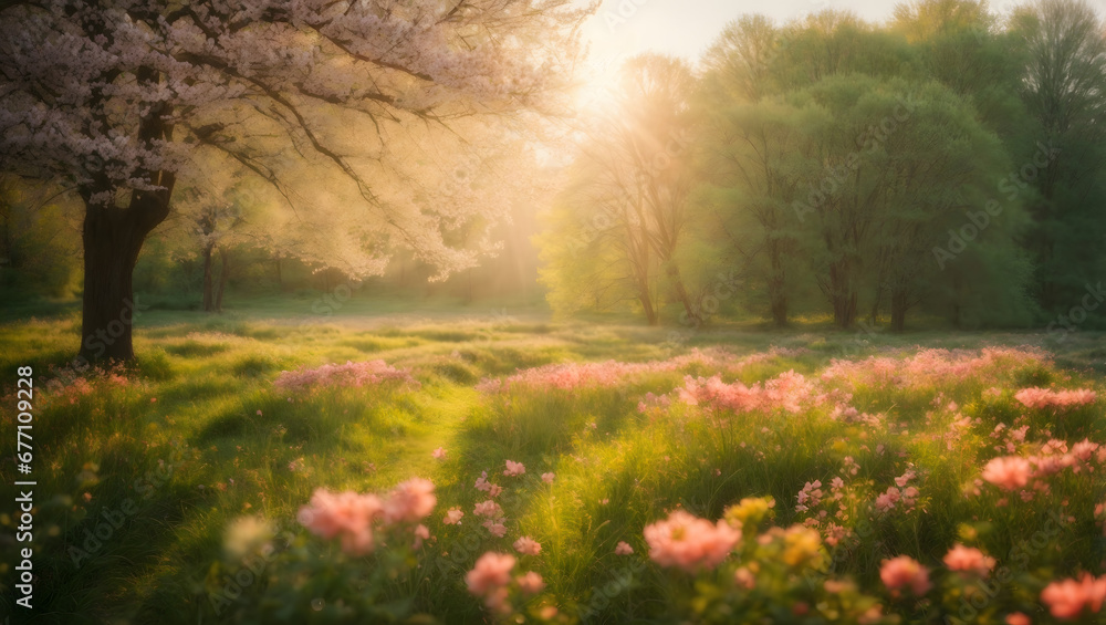 Idyllic spring landscape with blurred trees, blooming flowers, and sunlight casting a magical glow on the natural surroundings.