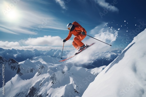 Generative AI : Happy skier dressed in bright sportswear riding down the mountain slope
