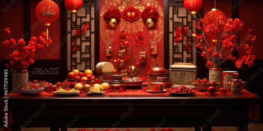 Chinese New Year Decorations Various decorations such as red lanterns, banners with auspicious greetings, and symbols like the Chinese zodiac animals may adorn the table and surrounding area.