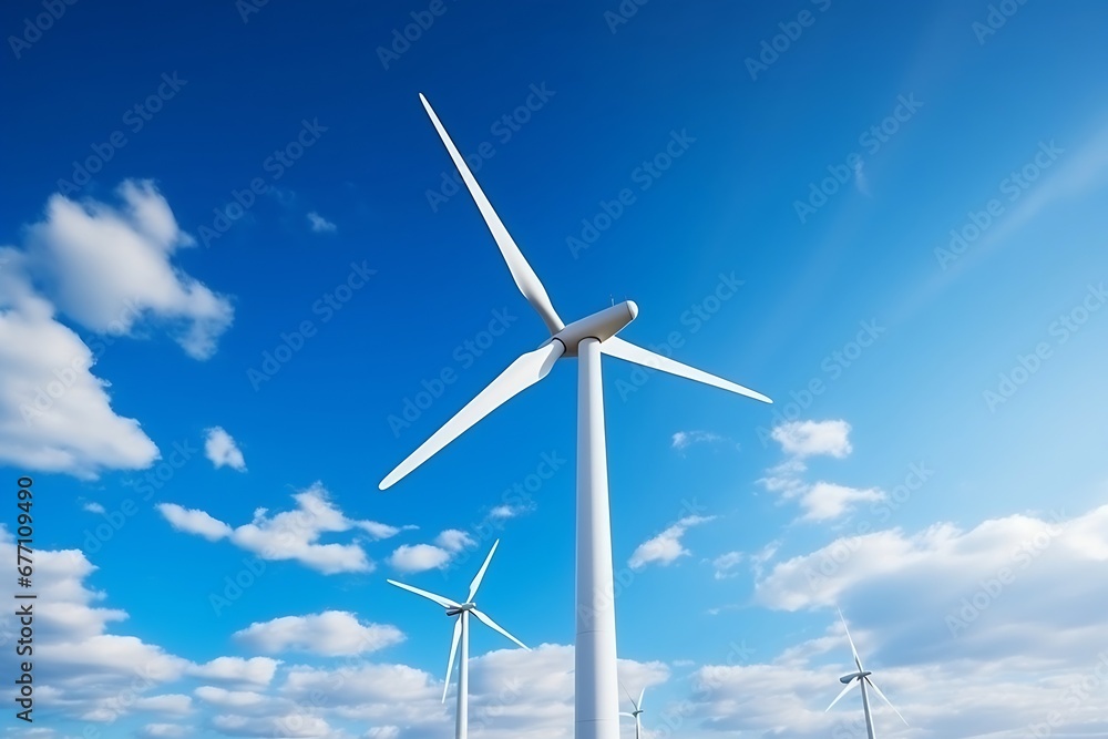Generative AI : Wind Power Turbines in a rural area, Tracking shot of energy producing wind turbines Generative AI : Wind Power Turbines in a rural area, Tracking shot of energy producing wind turbines