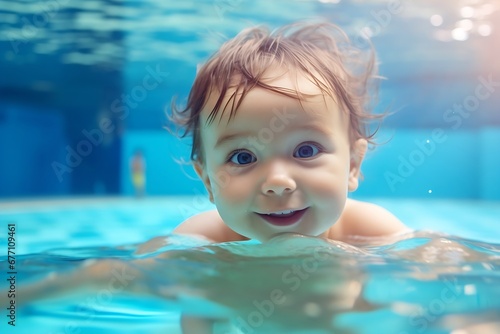 Generative AI : Little baby, girl swimming under water in paddling pool.