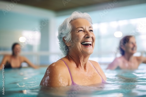 Generative AI : Elderly happy women do aqua aerobics in the indoor pool. © The Little Hut