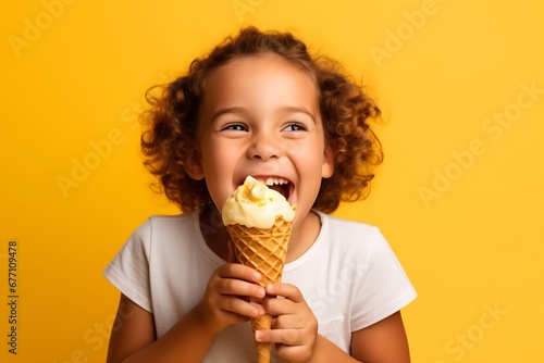 Generative AI   Cute child girl eating ice cream.