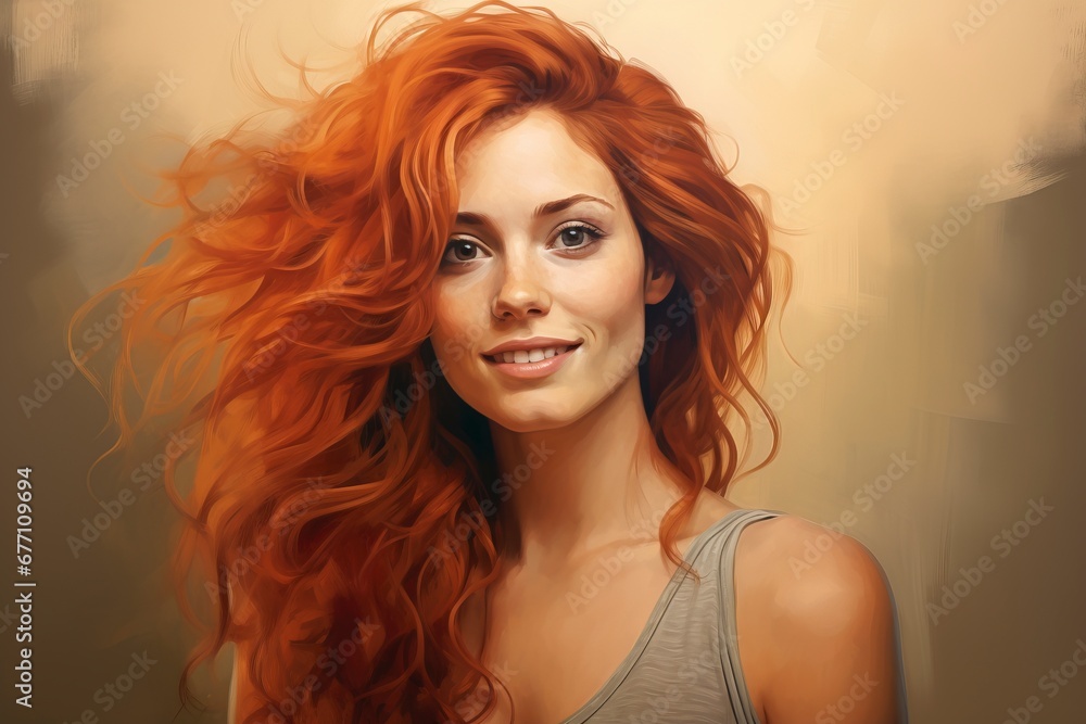 Happy beautiful haired woman, Looking at the camera, one color background, generative ai Happy beautiful haired woman, Looking at the camera, one color background, generative ai