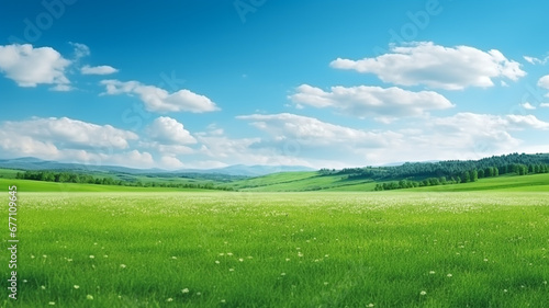 Green scenic panorama natural green field with blue sky