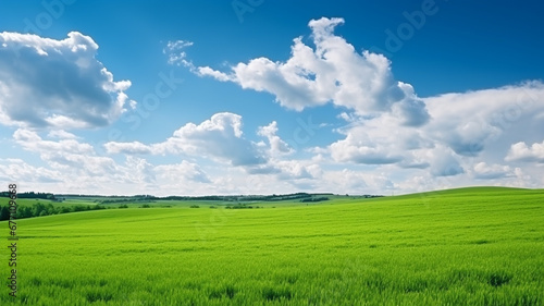 Green scenic panorama natural green field and blue sky
