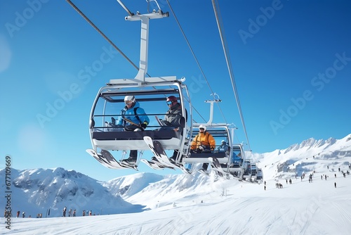 Generative AI : Ski lift carrying skiers up to the clear blue sky photo