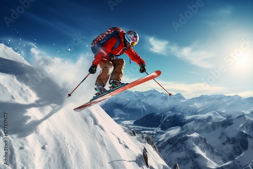 Generative AI : Happy skier dressed in bright sportswear riding down the mountain slope