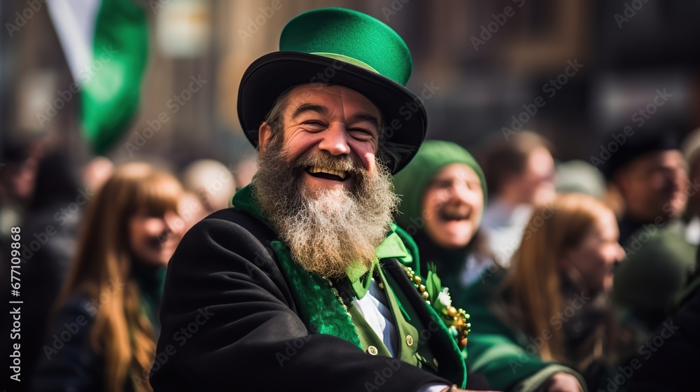 Man dressed as Irish leprechaun St Patrick's day parade. Man dressed as Irish leprechaun St Patrick's day parade.