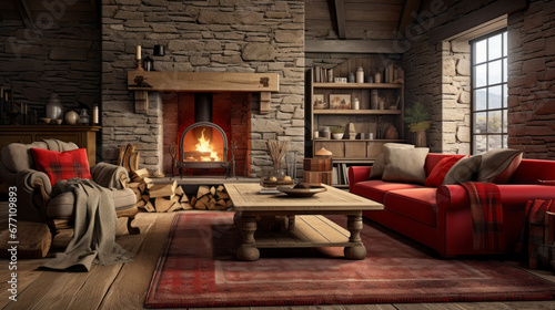 a rustic living room with a red sofa and a wooden coffee table and a stone fireplace 