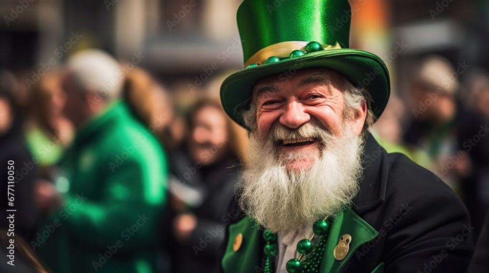 Man dressed as Irish leprechaun St Patrick's day parade. Man dressed as Irish leprechaun St Patrick's day parade.