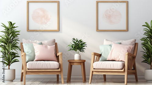 Two armchairs in room with white wall and big frame poster on it. Scandinavian style interior design of modern living room. Pastel colors.