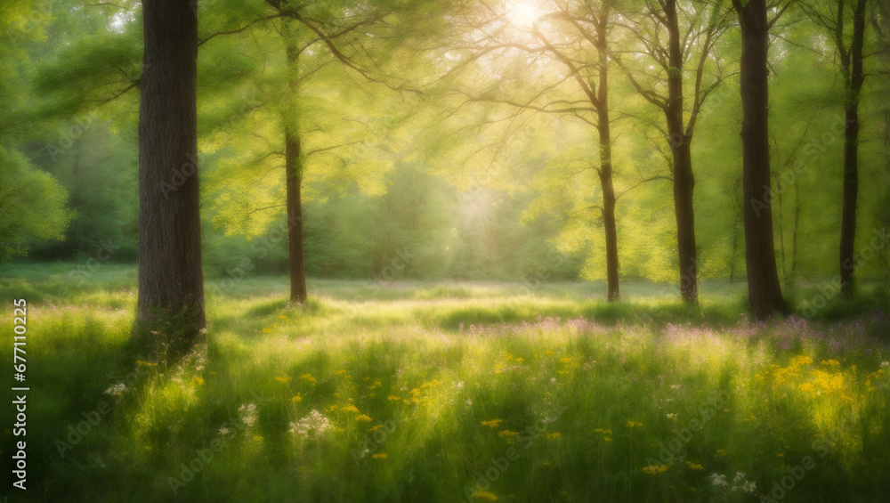 Soft focus on a woodland clearing with green trees, wildflowers, and sunbeams, capturing the essence of a sunny spring day. - obrazy, fototapety, plakaty 