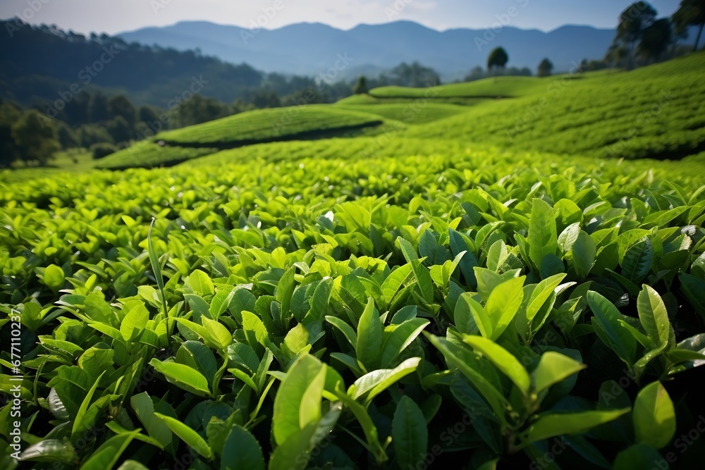 Generative AI : The Depth of field Tea leaves green plants is close up with sunlight at morning. Generative AI : The Depth of field Tea leaves green plants is close up with sunlight at morning.