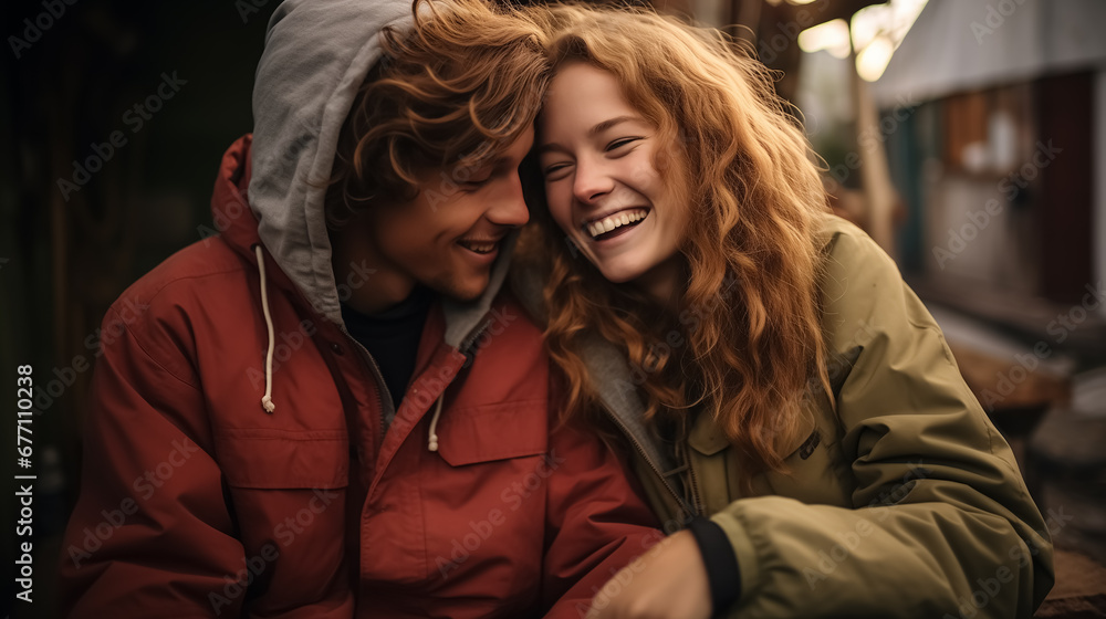 Young teen couple sitting by the wall and hangout at the street .Embrace each other and laughing close up high quality portrait photo. 