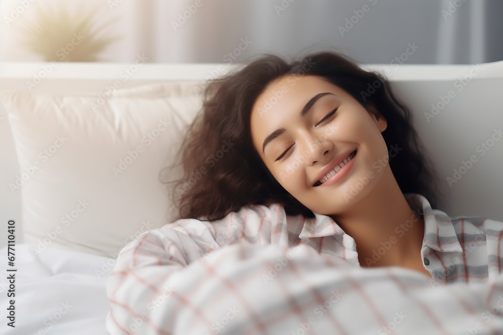 Generative AI : young woman smile enjoy fresh soft bedding linen and mattress in bed room modern apartment. Generative AI : young woman smile enjoy fresh soft bedding linen and mattress in bed room modern apartment.