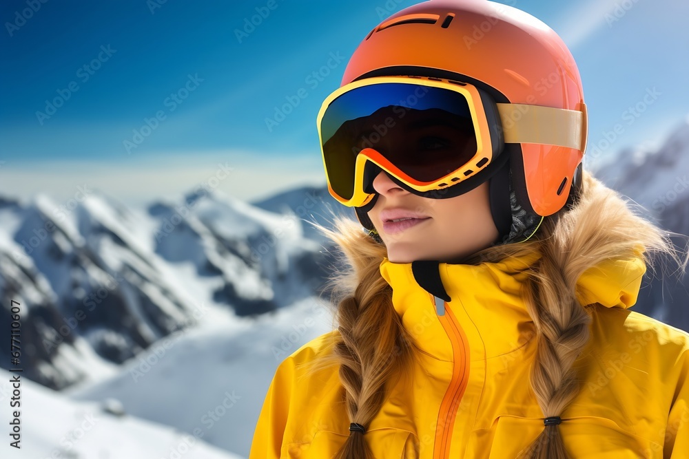 Generative AI : portrait of a girl in a helmet and mask in a mountain forest on a very snowy day. Generative AI : portrait of a girl in a helmet and mask in a mountain forest on a very snowy day.