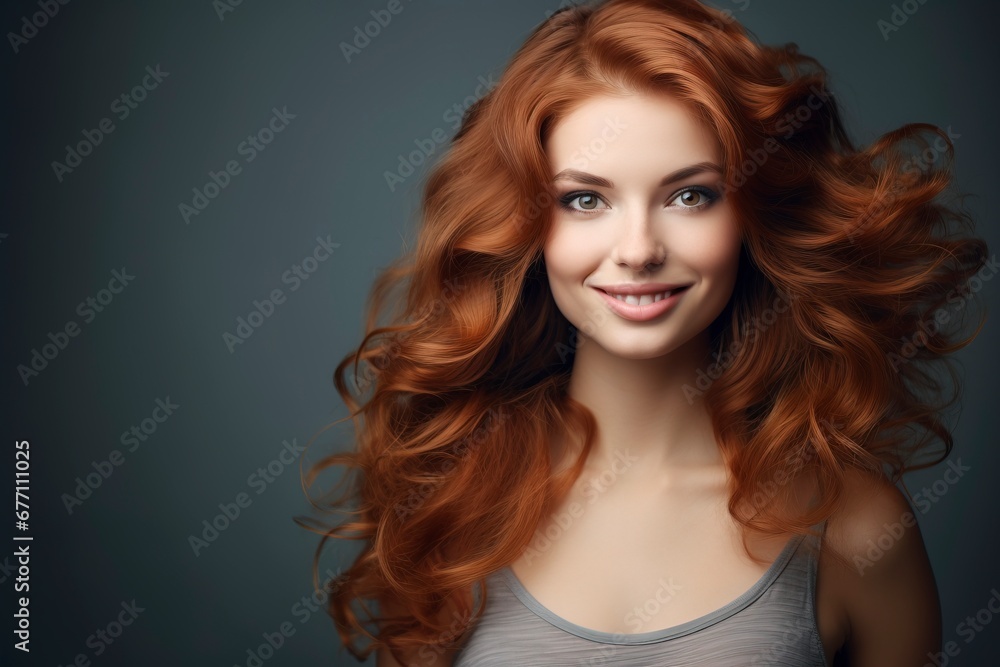 Happy beautiful haired woman, Looking at the camera, one color background, generative ai Happy beautiful haired woman, Looking at the camera, one color background, generative ai