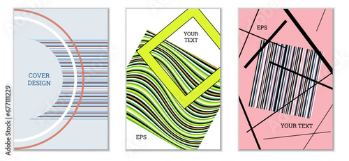 Geometric cover design, set of 3 covers. Abstract unusual background in Memphis style. Bright geometric shapes in random order
