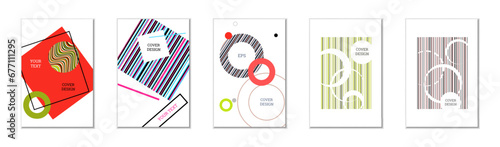Geometric cover design, set of 5 covers. Abstract unusual background in Memphis style. Bright geometric shapes in random order